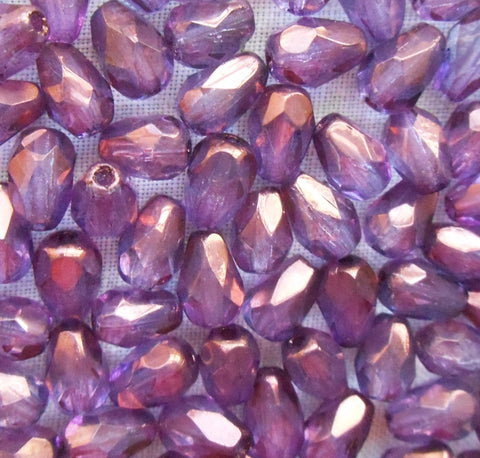 Lot of 25 7 x 5mm Lumi Amethyst, Purple teardrop Czech glass beads, faceted firepolished beads C7501