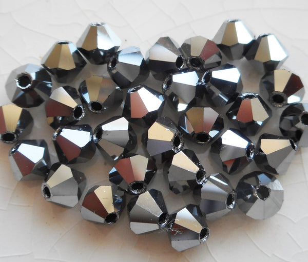 Lot of 24 4mm Czech opaque Hematite glass faceted bicone beads, Preciosa Crystal silver bicones 7401