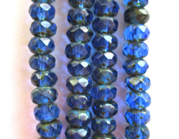 38 small Czech glass puffy rondelle spacer beads - 3 x 5mm faceted sapphire blue picasso rondelles C0036