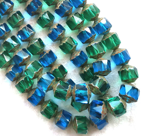 Lot of 10 Czech glass crown picasso beads, 8mm, aqua blue & peridot green mix, faceted, firepolished, antique cut beads C52101 - Glorious Glass Beads