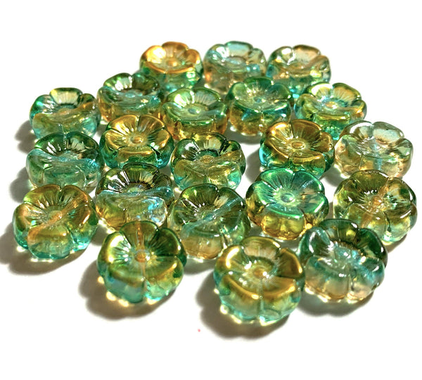 Ten 12mm Czech glass flower beads - green and yellow AB pressed glass flowers - C0111