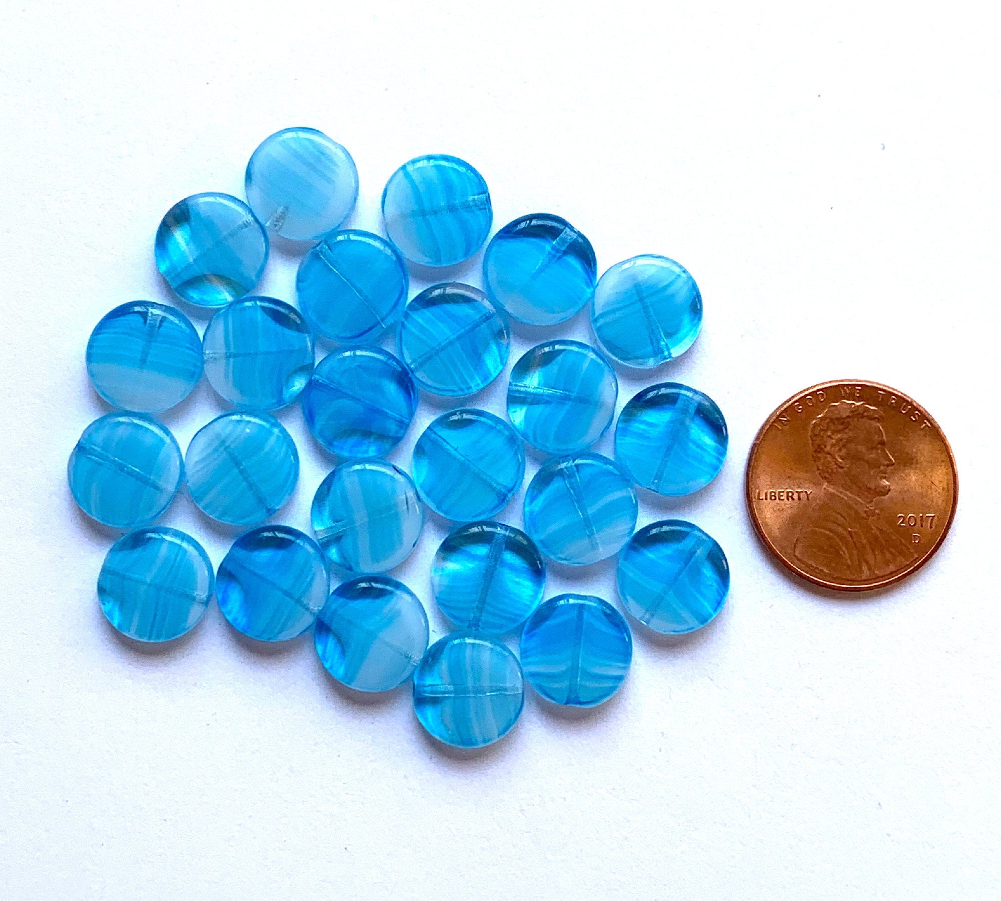 Ten 10 x 9mm oval Czech glass beads, opaque mabled royal blue & white –  Glorious Glass Beads