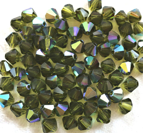 Lot of 24 6mm Olivine Green AB bicone beads, Preciosa Crystal Czech glass green bicones, C60150 - Glorious Glass Beads