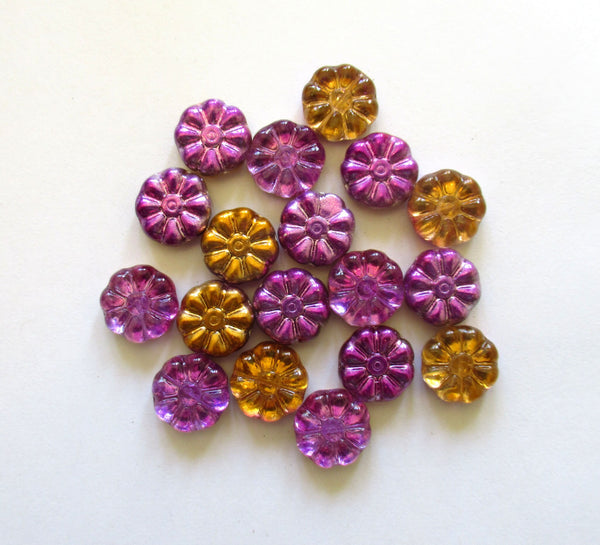 Ten 12mm Czech glass flower beads - metallic purple and orange pressed glass flowers - C0089