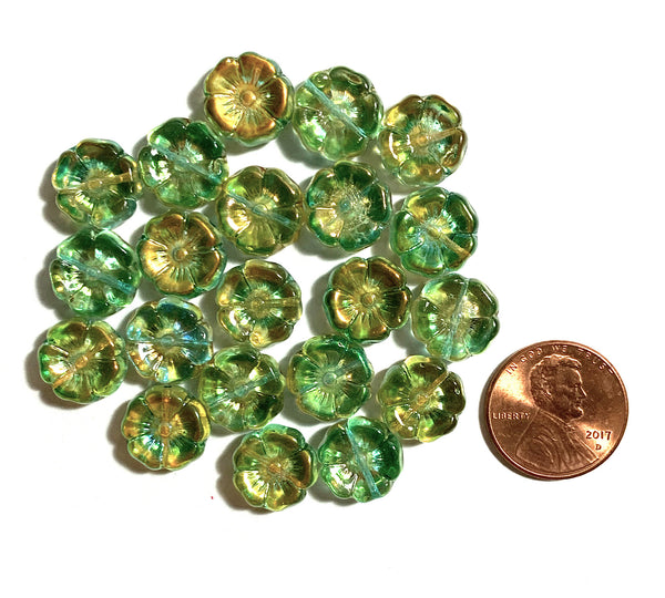 Ten 12mm Czech glass flower beads - green and yellow AB pressed glass flowers - C0111