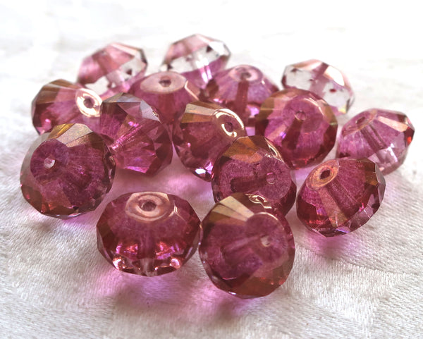 Five large pink faceted Czech glass saucer beads, 13 x 9mm transparent pink with crystal centers and gold accents, C05101 - Glorious Glass Beads