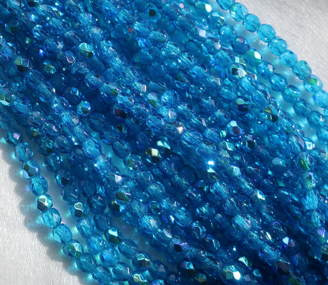 Lot of 50 3 mm Capri Blue AB Czech glass beads, faceted round firepolished beads C7401 - Glorious Glass Beads