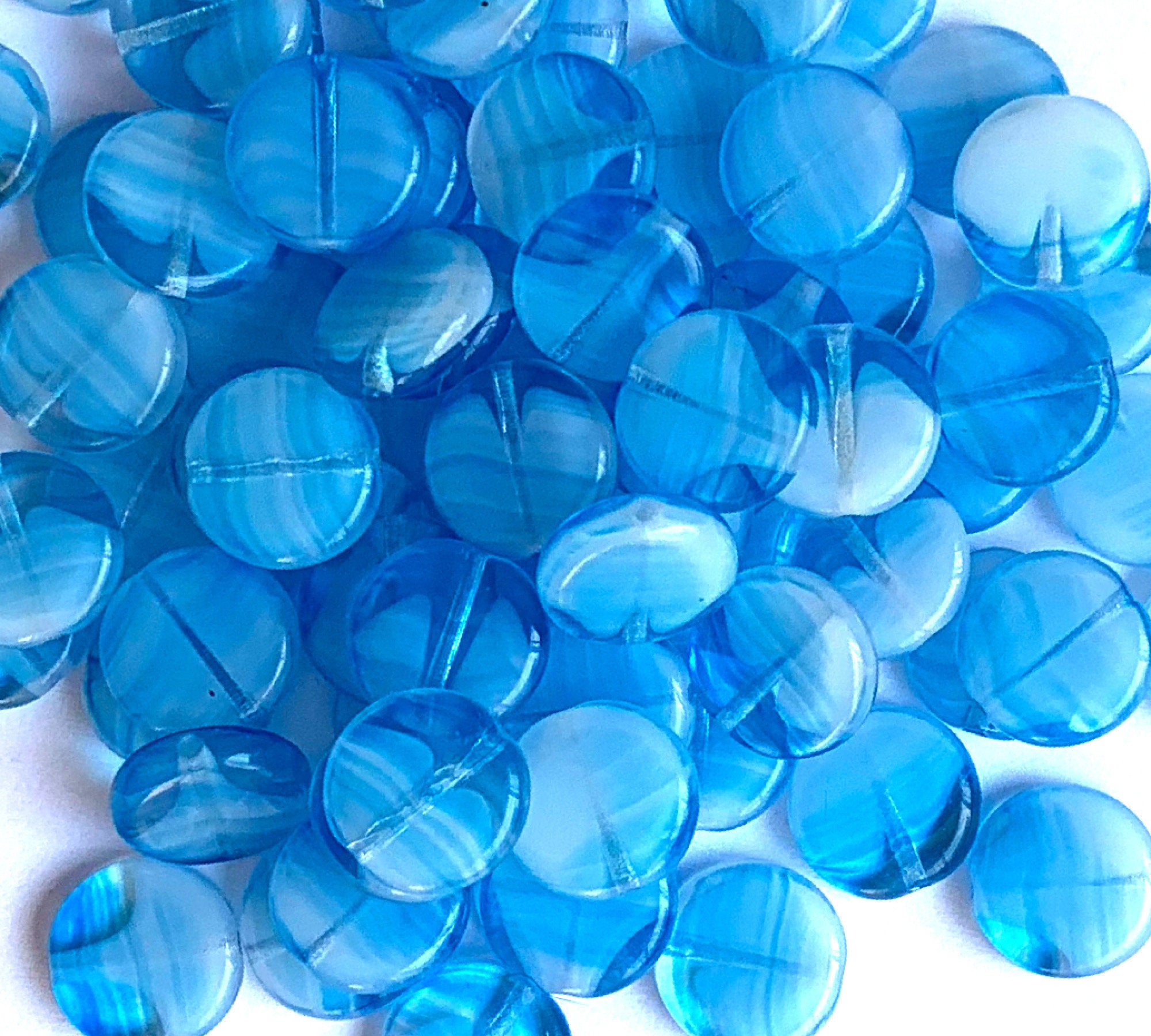 Cultured Sea Glass coin puffed Beads <b>12mm</b> 30-Pacific Blue  (8-pc-str)(4-in-str) per <b>5-str-hank</b>