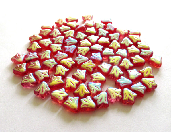 Lot of 25 8.5mm Czech glass flower beads - deep pink ab pressed glass lily flower beads C0087