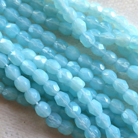 Lot of 50 3mm Milky Baby Blue Czech glass faceted, firepolished, Milky Aquamarine beads C8450 - Glorious Glass Beads