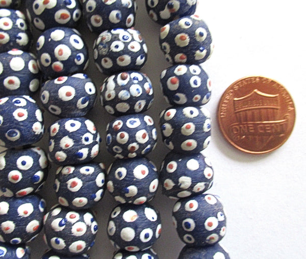 Lot of 8 African Ghana Krobo round glass evil eye beads - blue beads with color mix dots - 11-12mm - big hole rustic earthy beads - C0039