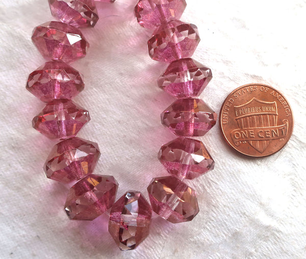 Five large pink faceted Czech glass saucer beads, 13 x 9mm transparent pink with crystal centers and gold accents, C05101 - Glorious Glass Beads