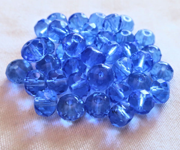 Lot of 25 transparent sapphire blue puffy rondelles - 6 x 9mm faceted blue Czech glass rondelle beads - C0054