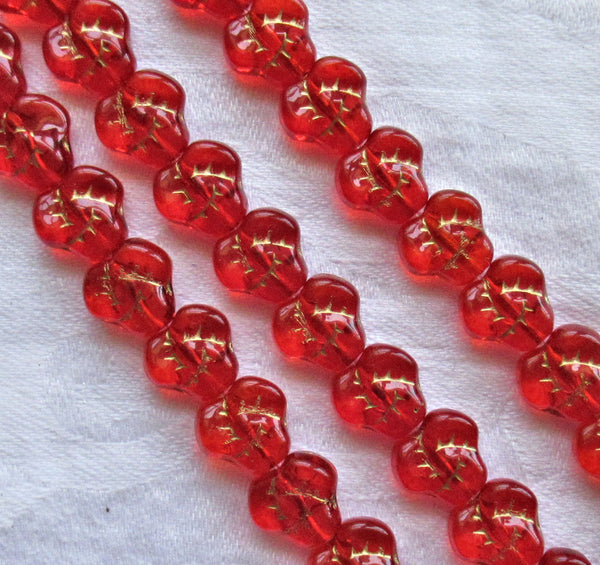 Lot of 25 9mm Czech red glass pansy beads - siam flower beads with gold accents C7501 - Glorious Glass Beads