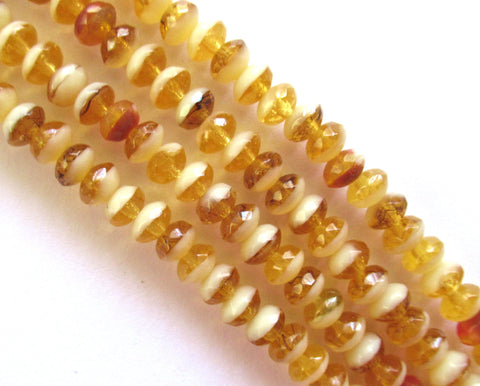 38 small Czech glass puffy rondelle spacer beads - 3 x 5mm faceted amber & white rondelles C0016