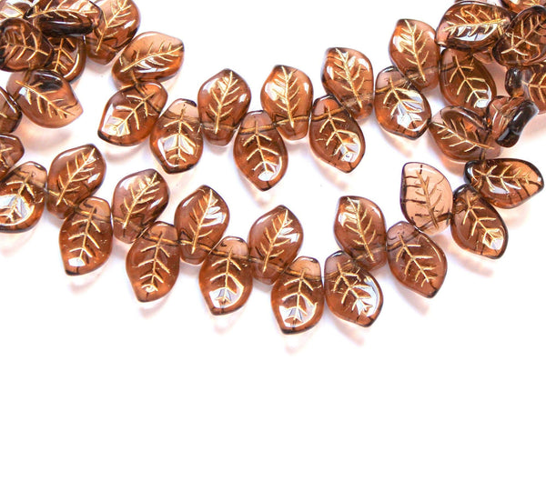 25 Czech glass side drilled eucalyptus leaf beads - 12 x 9mm smoky topaz brown leaves with gold inlay - textured pressed glass beads - C0077