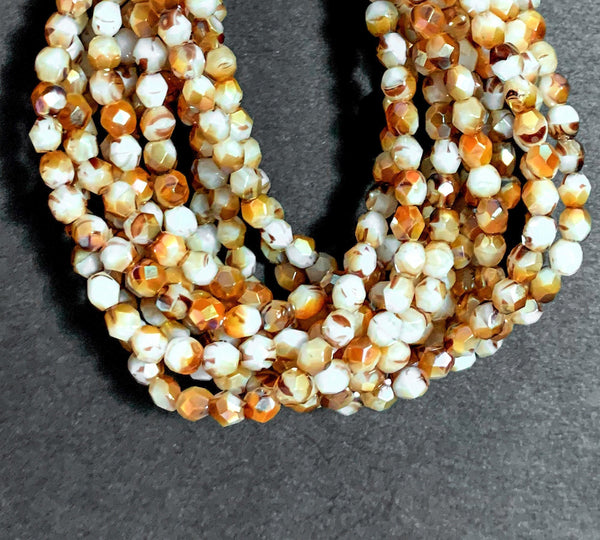 Lot of 50 4mm white and tortoise shell celsian Czech glass beads, round, faceted fire polished beads C0021