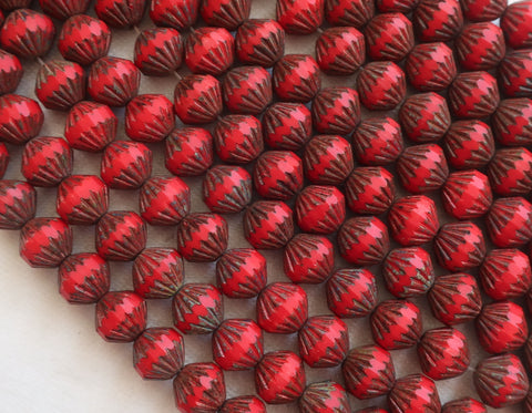 Lot of 15 9mm Opaque Red Picasso bicones, chunky, rustic, pressed glass Czech bicone beads, C94115