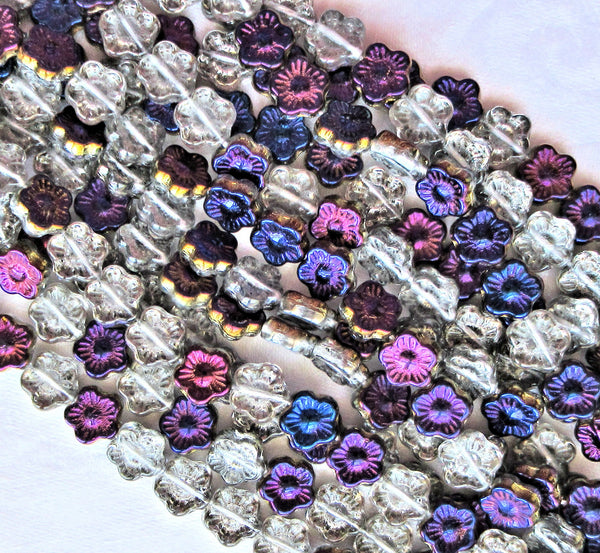 Lot of 25 10mm Crystal Purple Iris Czech glass flower beads - pressed glass multicolor flower beads, C3601