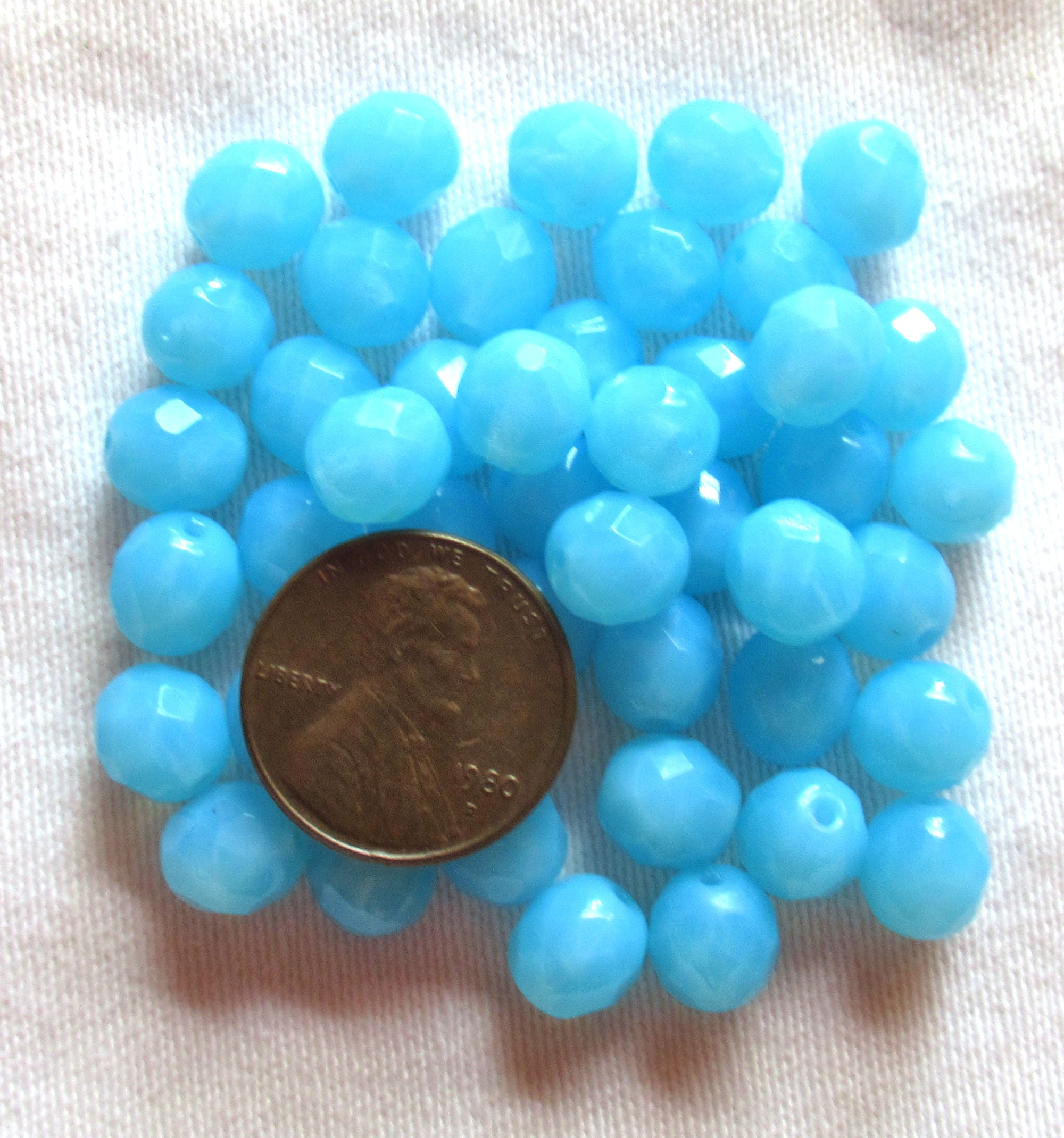 25 8mm Sky Blue Opal beads, opaque faceted round firepolished