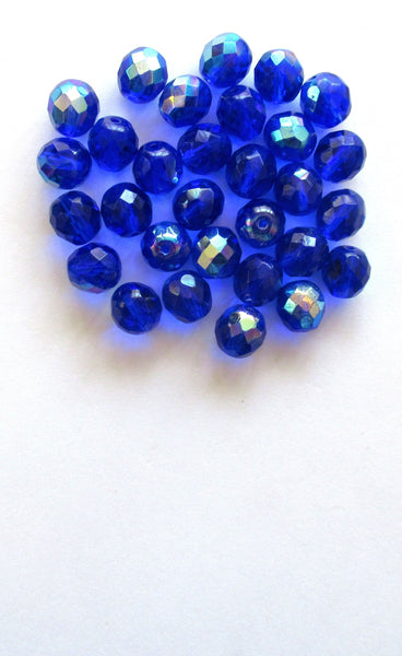 Twenty 10mm Czech glass beads - cobalt blue AB fire polished faceted round beads C00501