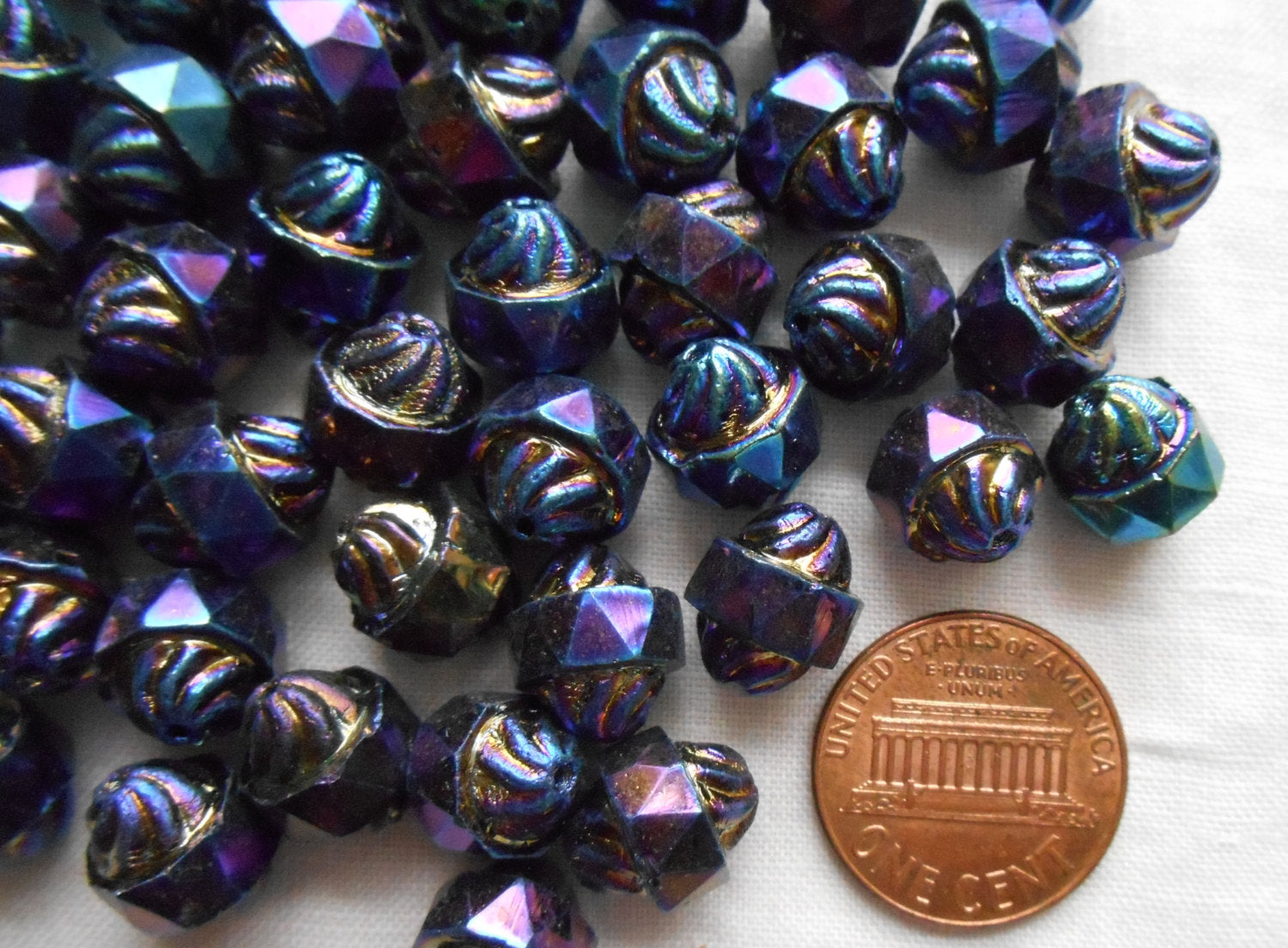 Ten 11 x 10mm Czech Purple Iris turbine, cathedral, saturn beads