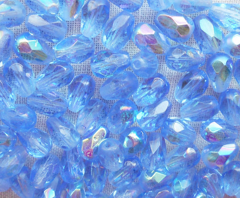 Lot of 25 7 x 5mm Light Sapphire Blue AB teardrop Czech glass beads, faceted fire polished beads C3701