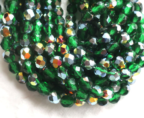 Lot of 25 6mm Marea Emerald Green Czech Glass beads, firepolished faceted round glass beads C0401 - Glorious Glass Beads