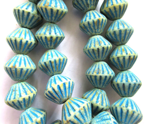 Five Czech glass bicones - 11mm x 10mm - opaque off white with a turquoise blue wash - carved, chunky, rustic bicone beads C0065