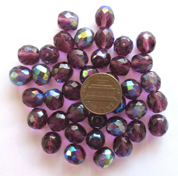 Twenty Czech glass fire polished faceted round beads - 10mm amethyst purple AB beads C00011