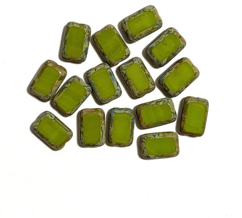 Ten Czech glass rectangle beads - 8 x 12mm opaque avocado green rustic earthy table cut beads with Picasso finish along the edges - C0009