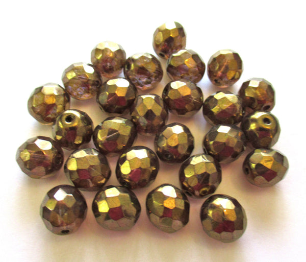 Twenty 10mm Czech glass beads - faceted, fire polished lumi brown iridescent beads C00901