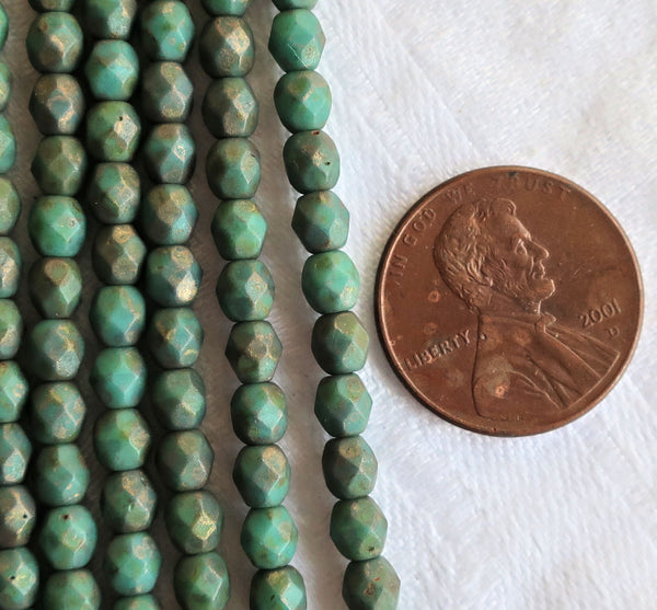 Lot of 50 4mm Matte Persian Turquoise Copper Picasso Czech glass beads, firepolished, faceted round beads, C5501 - Glorious Glass Beads