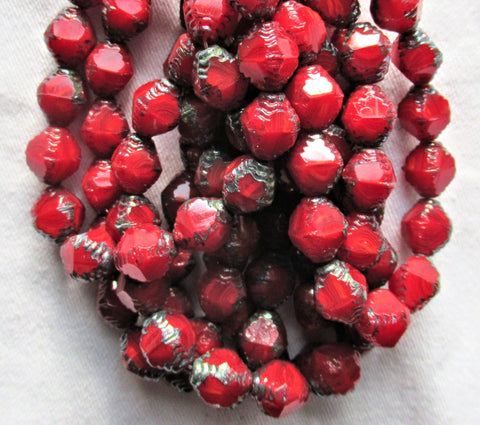 Lot of 15 10 x 8mm Czech glass bicones - translucent notched red bicones with picasso accents -, chunky, rustic, carved bicone beads, C51315