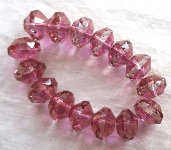 Five large pink faceted Czech glass saucer beads, 13 x 9mm transparent pink with crystal centers and gold accents, C05101