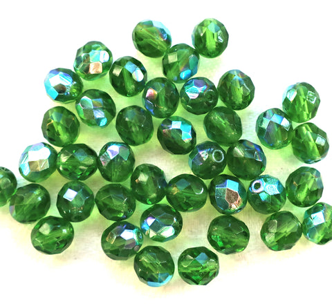 Lot of 25 8mm Peridot Green AB, faceted round firepolished glass beads C1625 - Glorious Glass Beads