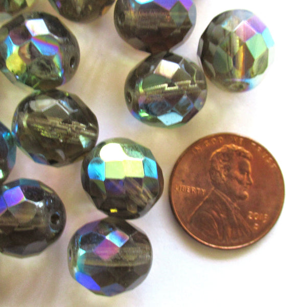 Ten 12mm Czech glass beads - Black Diamond AB faceted fire polished round glass beads C00301