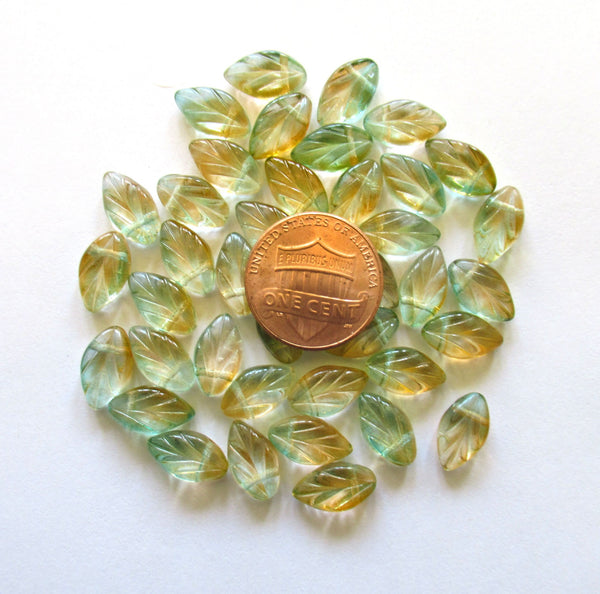Approx. 13 Strand 7x11mm Pressed Glass Leaf Beads, Peridot AB
