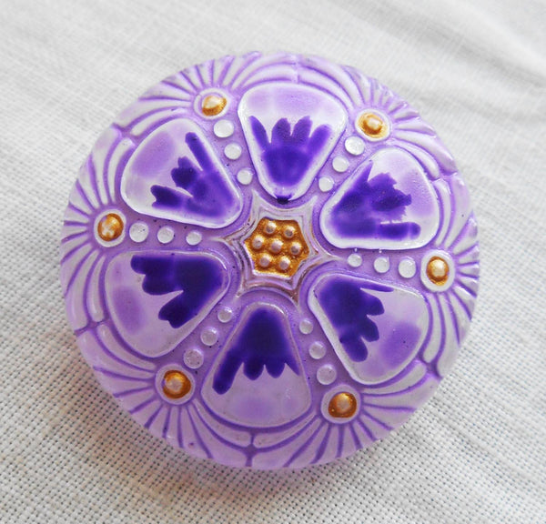 One 27mm Czech glass button, purple hand painted wheel pattern with gold accents , decorative shank buttons C59201 - Glorious Glass Beads