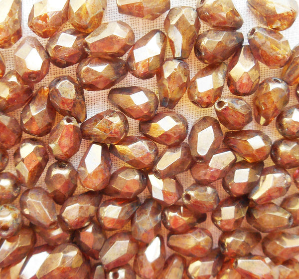 Lot of 25 7 x 5mm Lumi Brown teardrop Czech glass beads, faceted firepolished beads C5901