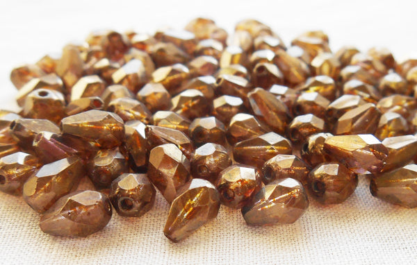 Lot of 25 7 x 5mm Lumi Brown teardrop Czech glass beads, faceted firepolished beads C5901 - Glorious Glass Beads