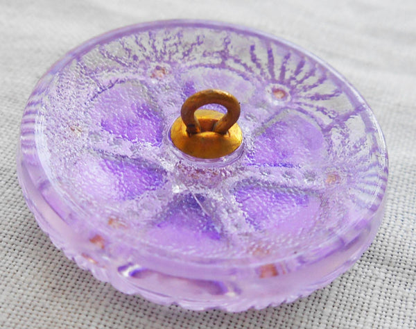 One 27mm Czech glass button, purple hand painted wheel pattern with gold accents , decorative shank buttons C59201 - Glorious Glass Beads