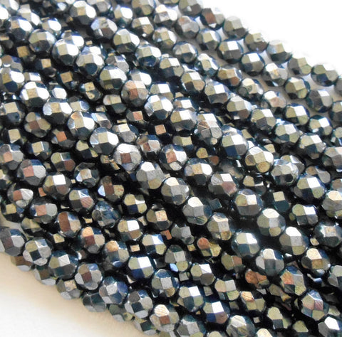 Lot of 25 6mm Czech Metallic Gray Hematite faceted firepolished glass beads, C5425 - Glorious Glass Beads