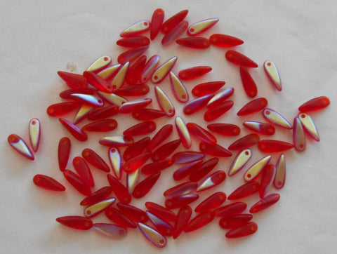 Lot of 30 red AB Czech glass dagger beads, 9mm - Glorious Glass Beads