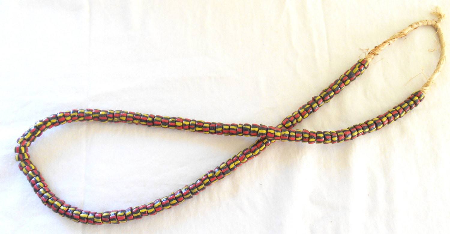 Green and Red Stripe Yellow 4mm glass beads Trade Beads-Ghana