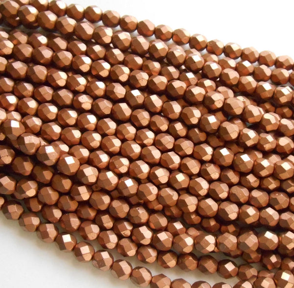 Lot of 25 6mm Matte Metallic Copper Czech glass firepolished, faceted round beads, C7425 - Glorious Glass Beads