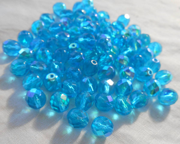 Lot of 25 8mm Aqua AB beads, faceted round firepolished glass beads, C2625 - Glorious Glass Beads