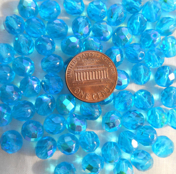 Lot of 25 8mm Aqua AB beads, faceted round firepolished glass beads, C2625 - Glorious Glass Beads