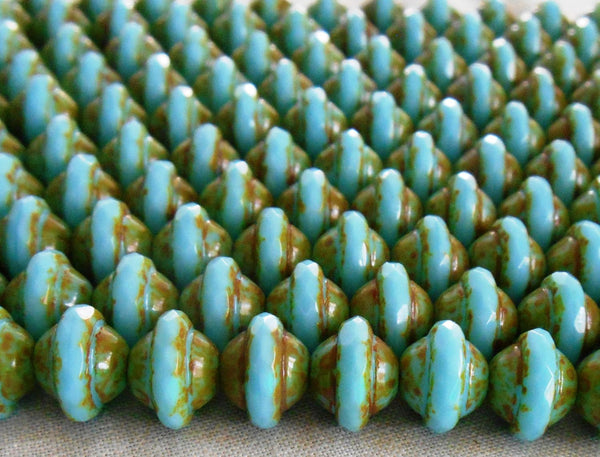 Lot of 21 9x7mm Opaque Robin's Egg, Picasso Saturn faceted Czech glass Beads, C00221 - Glorious Glass Beads