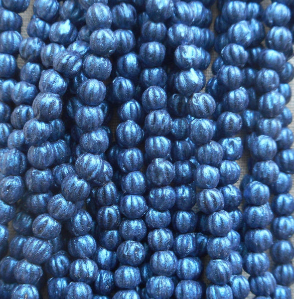 Fifty 3mm Matte Metallic Suede Blue melon beads, Czech pressed glass beads C8550 - Glorious Glass Beads